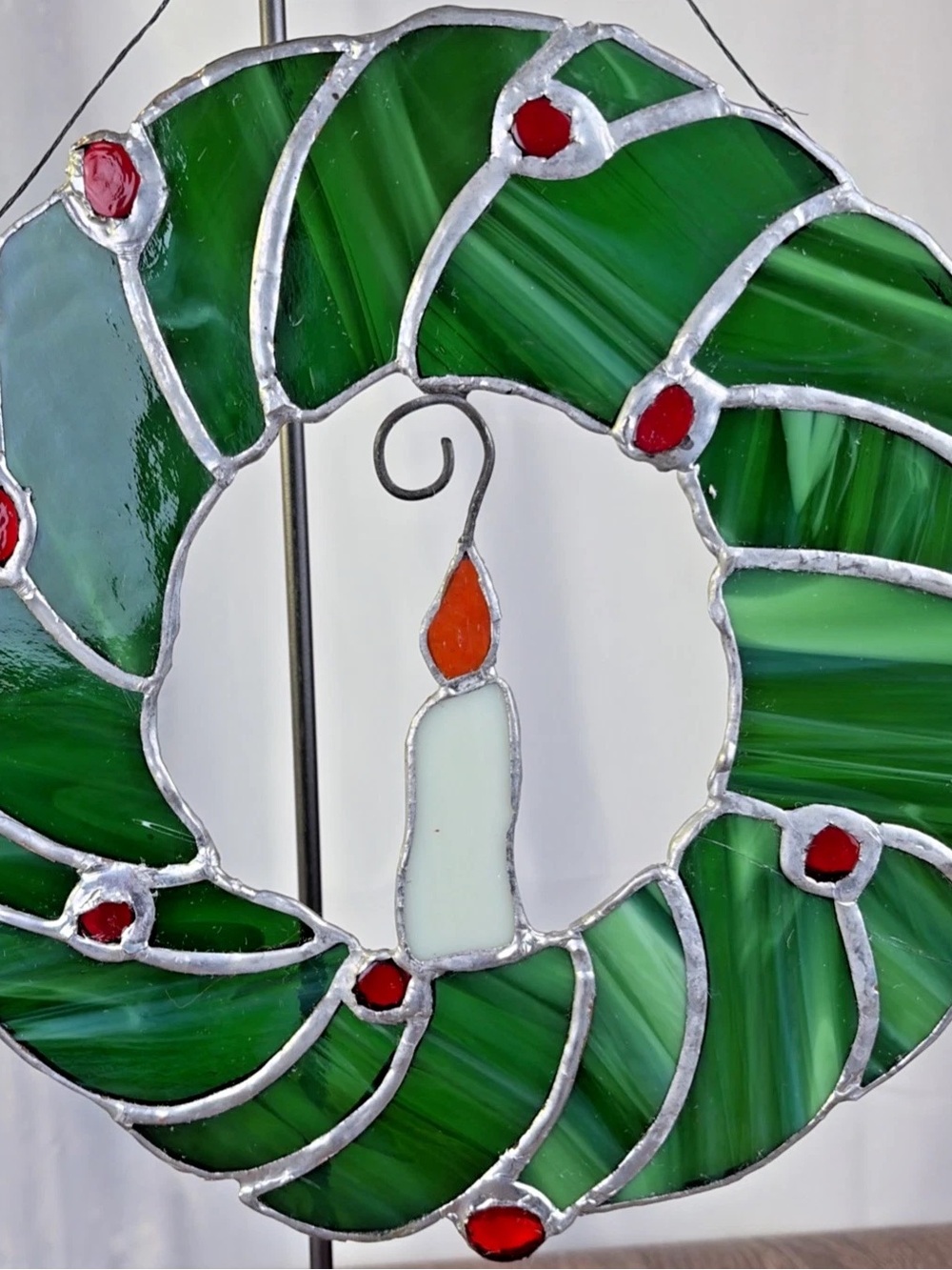 Stained Glass Christmas Holly Berry Candle Wreath Window Suncatcher 10.5”